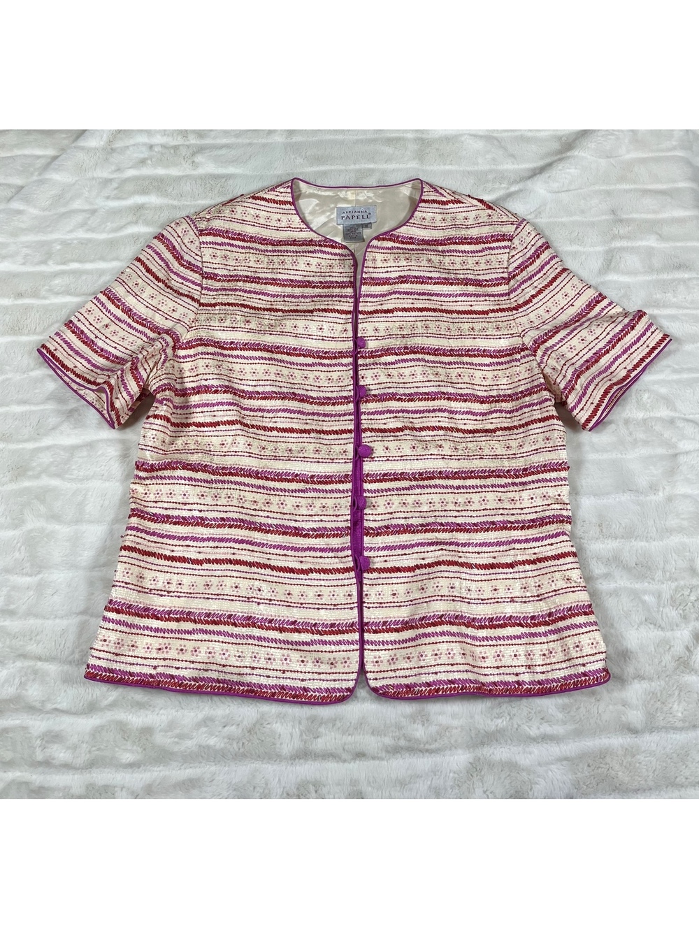 VTG Adrianna Papell 16 Cream 100% Silk Red Striped Beaded Suit Button Up Jacket